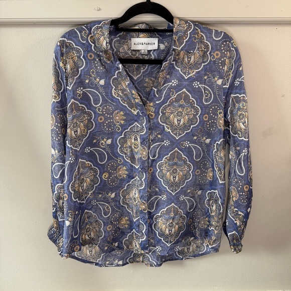 Alex & Parker Blue Tan Paisley Blouse Button Down Top - Picture 1 of 8